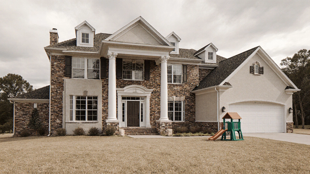 Large suburban McMansion with fake architectural details, barren yard, and small windows, feeling isolated and impersonal.