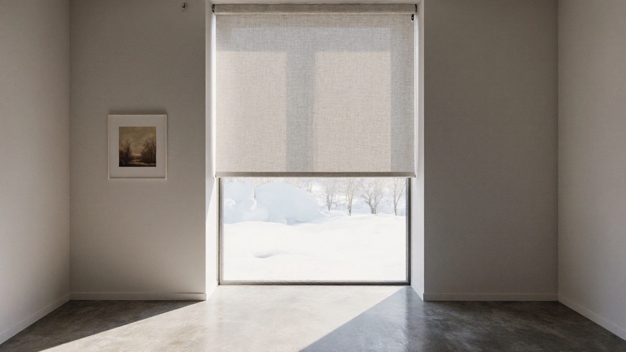 Layered window treatment with roller shade and fixed linen panel, no tassels or pooling, clean architectural lines, soft morning light.