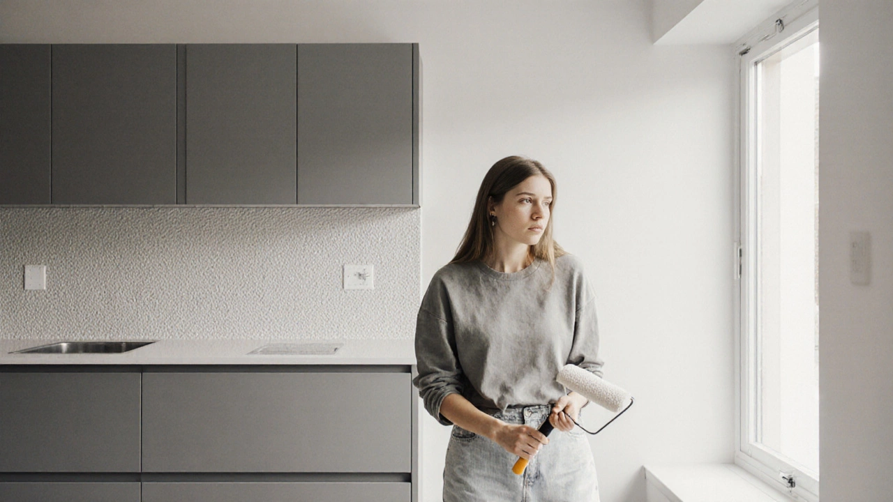 Modern kitchen with one accent wall of textured wallpaper and three painted walls.