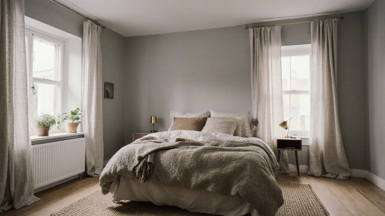 Overhead view of a minimalist bedroom with layered bedding, a thick rug, and soft curtains in earthy tones.