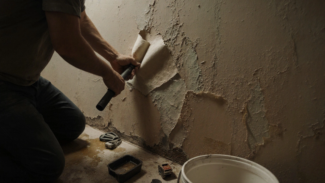 Person peeling old, damaged wallpaper from a bathroom wall with tools nearby.