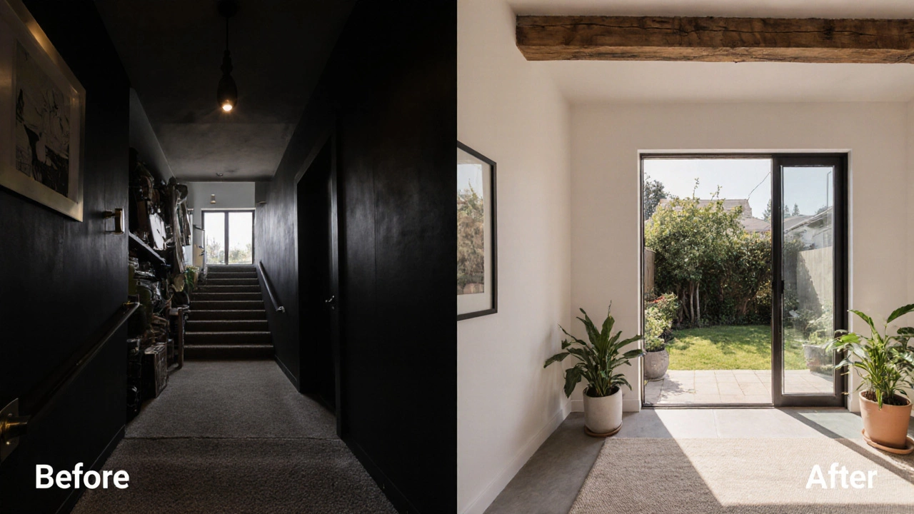 Renovated McMansion hallway now bright and modern with open glass doors to garden, natural materials and soft lighting.