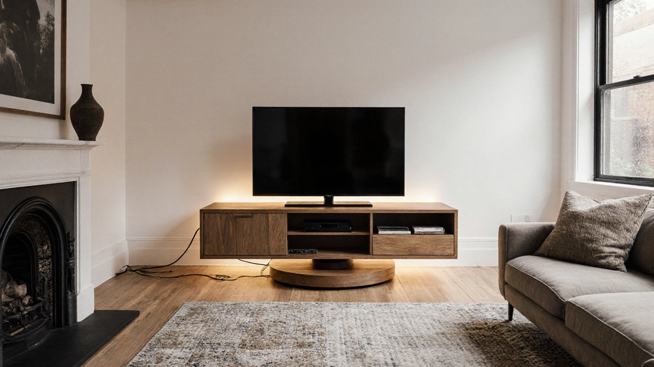 Rotating TV console between two seating areas in a cozy square room.