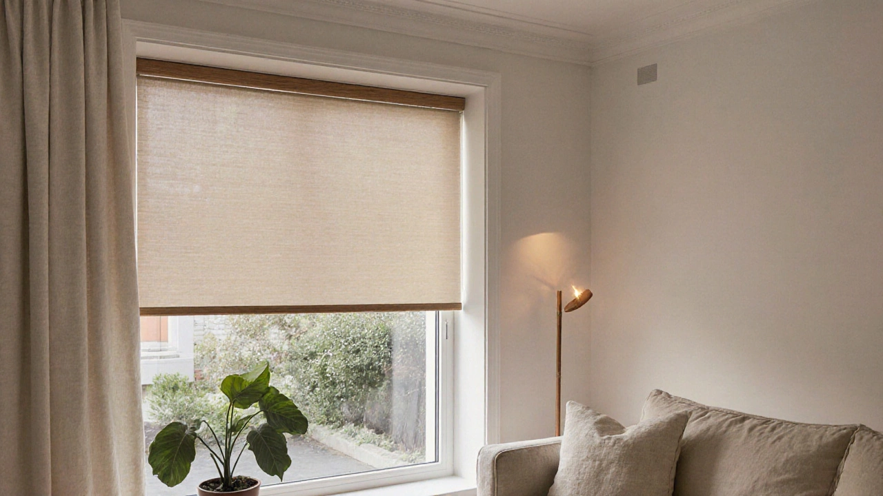 Scandinavian-style living room with retractable roller shades and wooden blinds, no curtains, view of a garden beyond the glass.