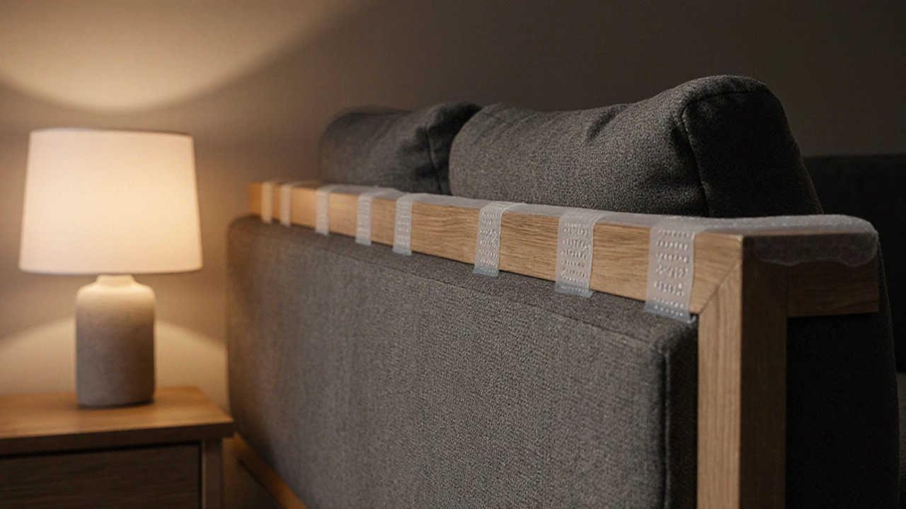 Silicone grip strips holding cushions in place on a sectional sofa frame.
