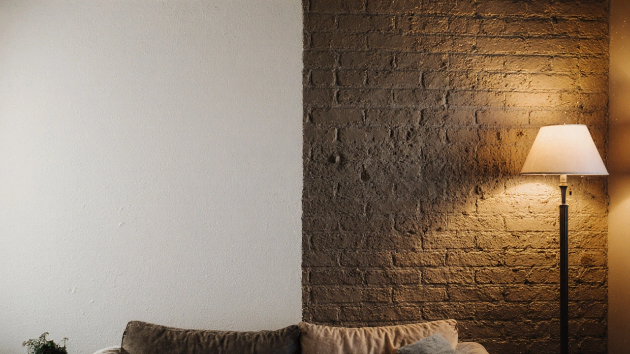 Split wall showing transformation from flat white paint to textured mineral finish with warm lighting.