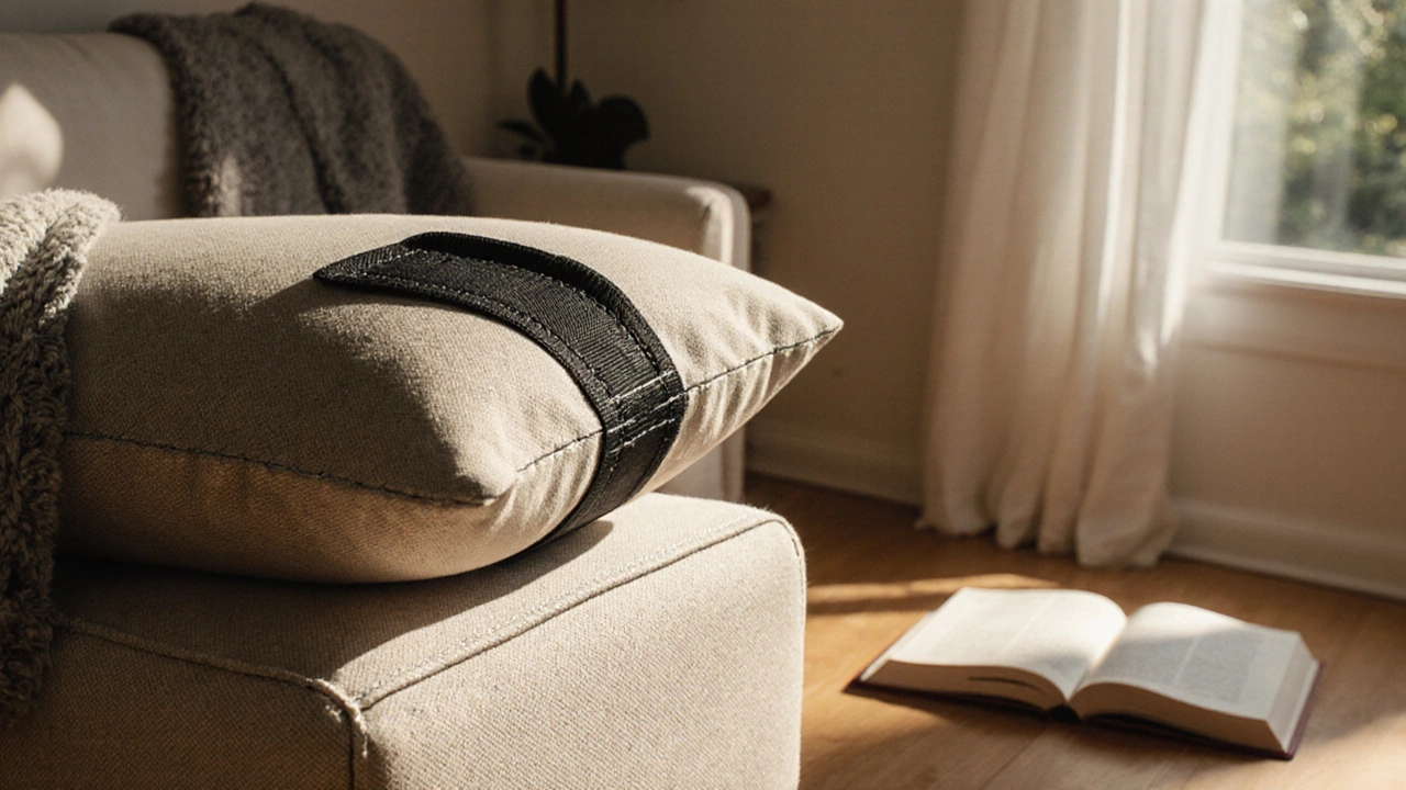 Velcro strips sewn to cushion and frame to prevent sliding.