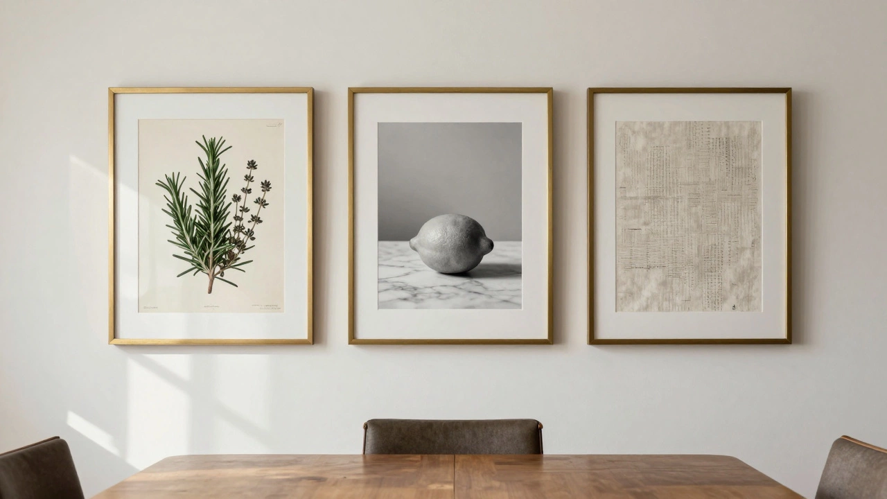 A balanced trio of botanical prints, a black-and-white photo, and woven linen on a modern dining wall.