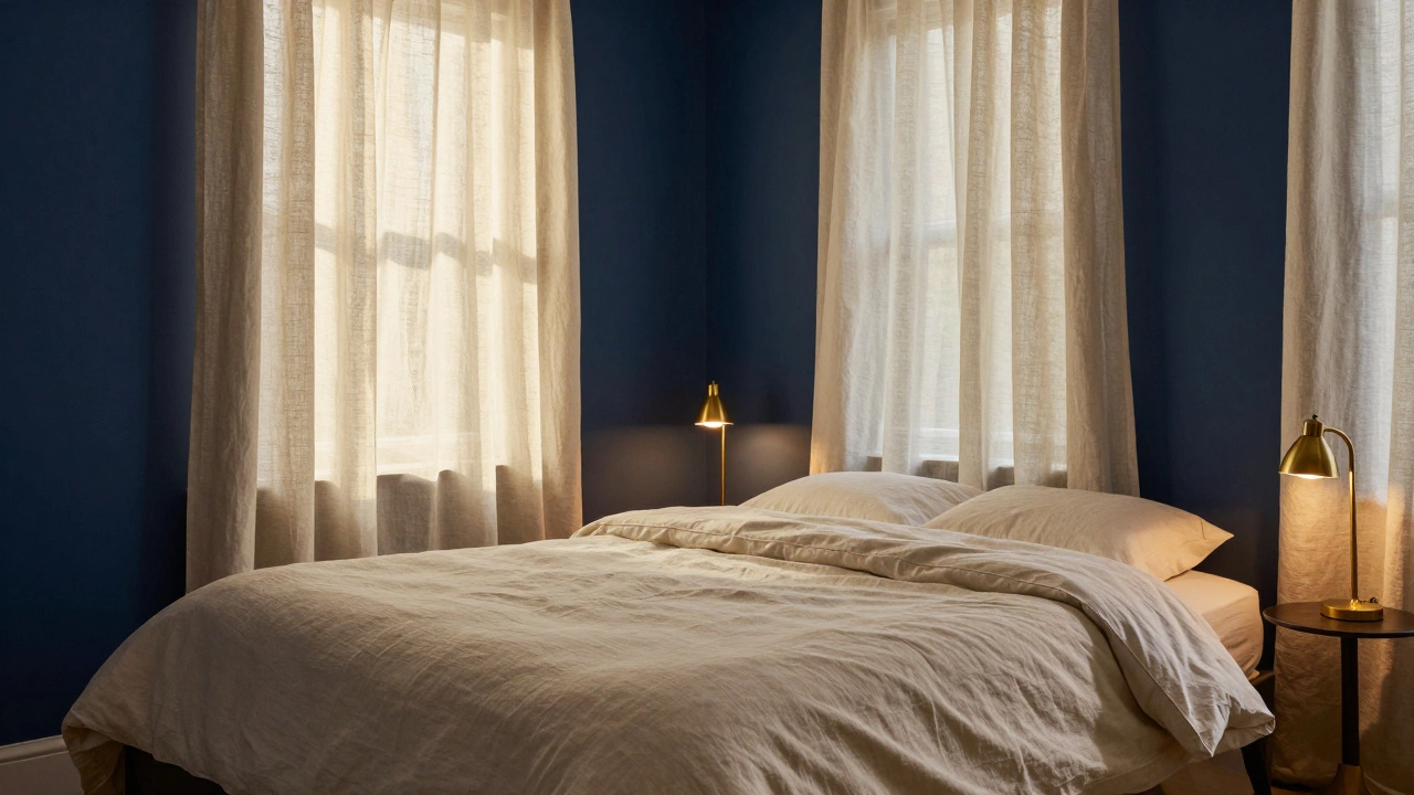 A bedroom with navy blue walls and linen bedding, glowing in golden evening light.
