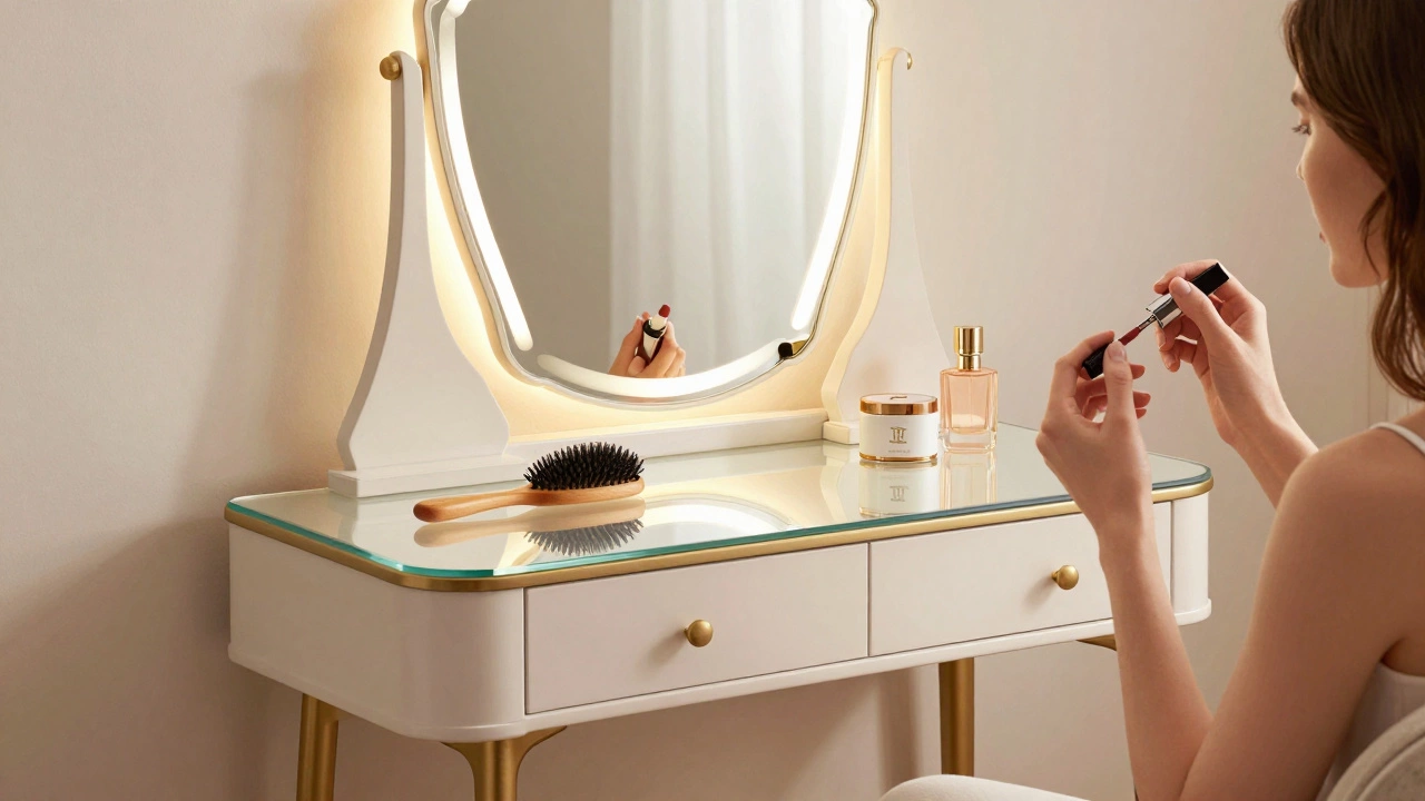 A dressing table with a large mirror and soft lighting, makeup items on the surface.