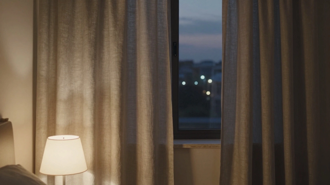 A gray linen panel curtain partially open in a bedroom, glowing gently at dusk with no decorations or hardware.