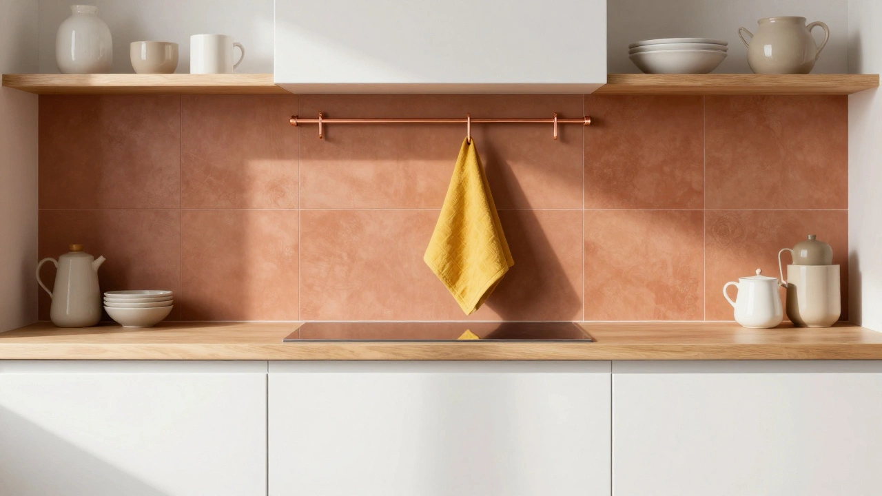 A kitchen with white cabinets, terracotta backsplash, and a mustard-yellow towel as accent.
