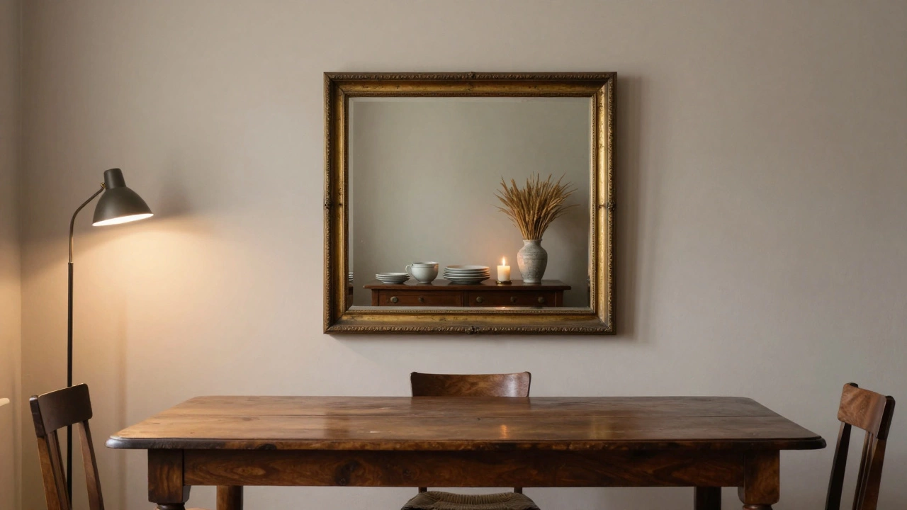 A mirror reflecting a sideboard with candles and ceramics, softly lit by a floor lamp.