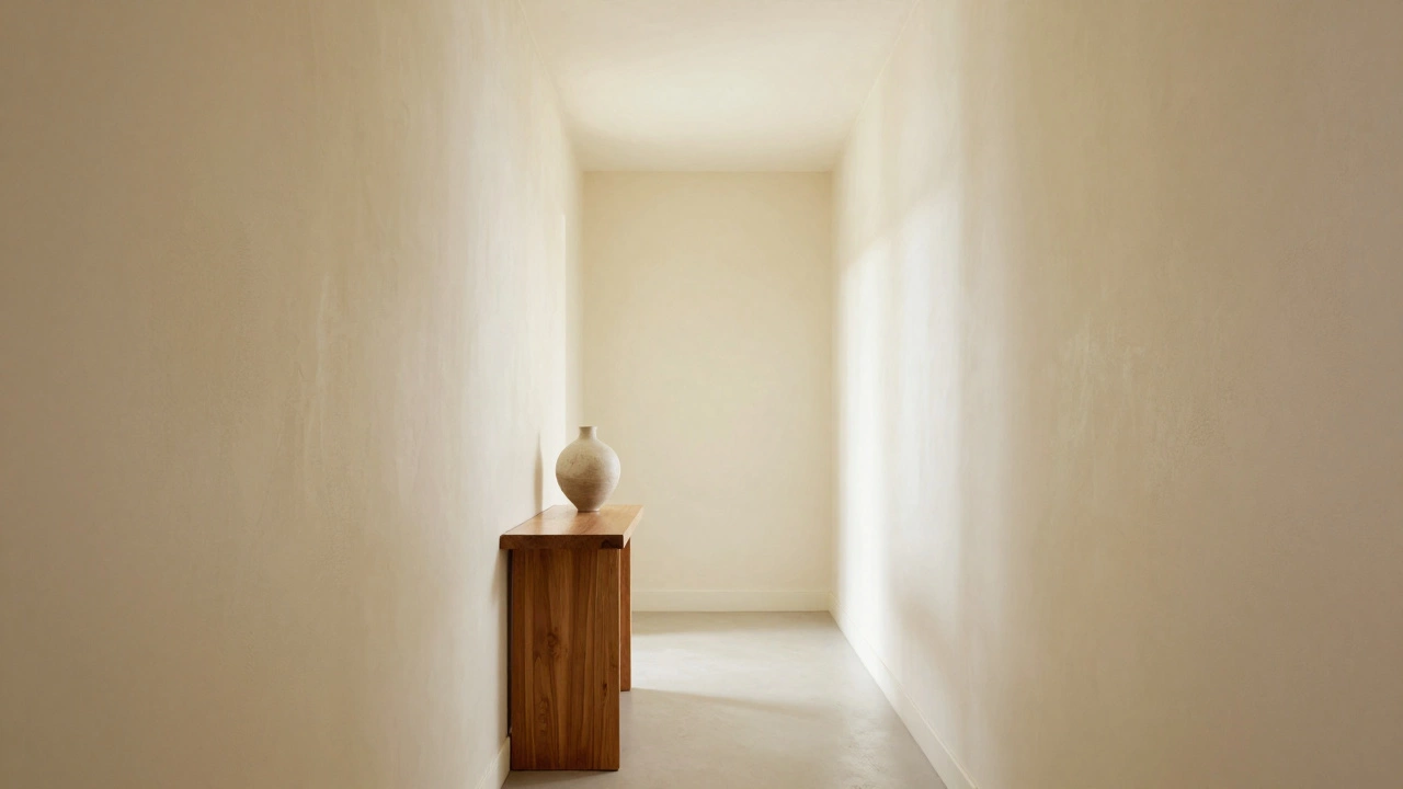 A narrow hallway with warm creamy walls and textured finish, enhancing spatial depth.