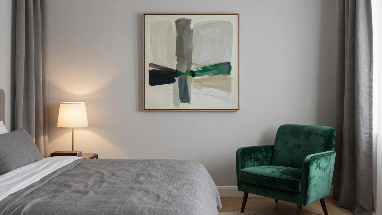 A peaceful bedroom with gray tones and a single emerald green velvet chair.