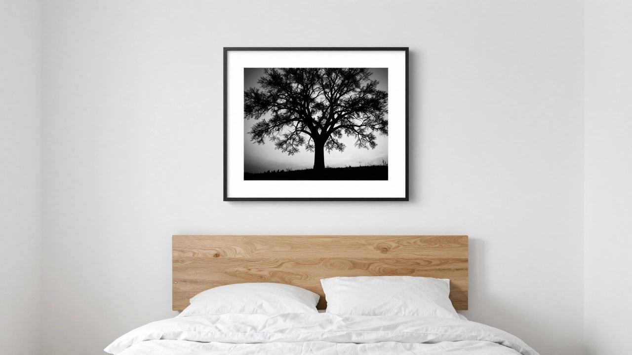 A quiet bedroom with a single black-and-white tree photograph as the only wall art.