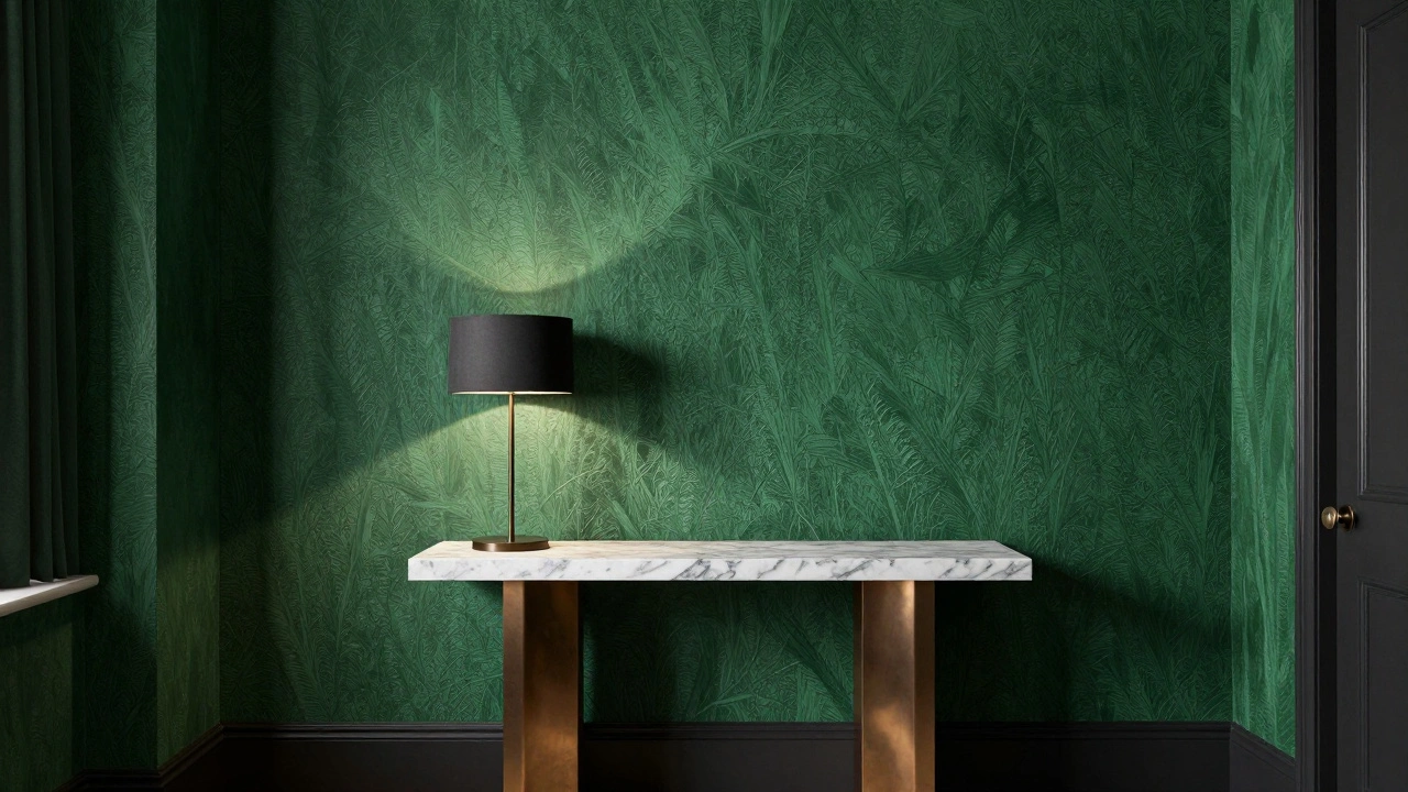 A rich emerald green grasscloth wallpaper wall with soft lighting and marble console in a serene hallway.