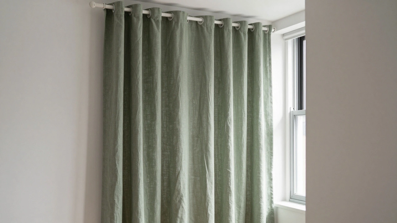 A single sage green curtain dividing a small studio space, hanging from ceiling to floor with natural light filtering through.