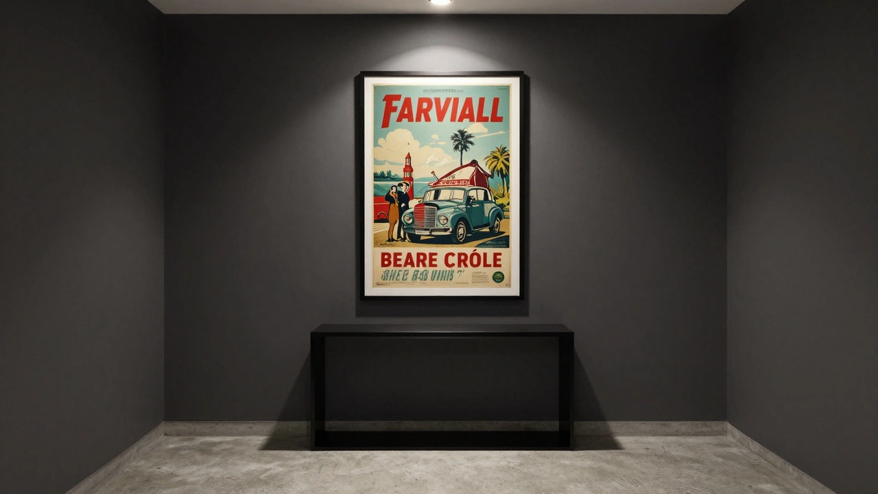An entryway with one vintage travel poster on a dark wall, no other decorations.