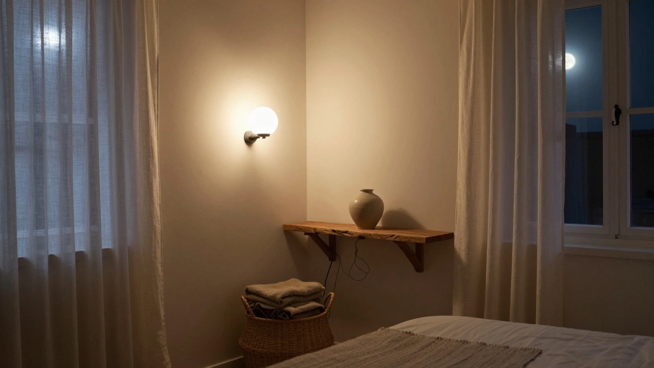 Bedroom at night with wall sconces, woven basket, live-edge shelf, and sheer curtains reflecting moonlight from a mirror.