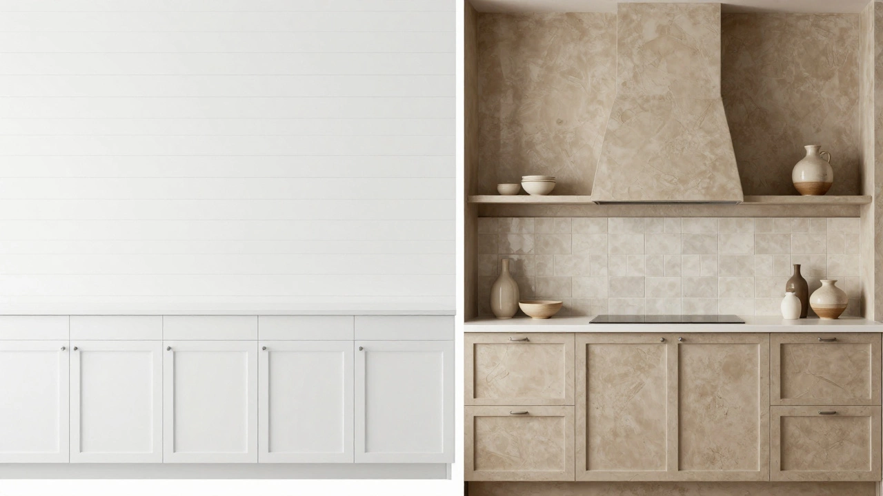 Before-and-after: dated white shiplap kitchen transformed into a textured plaster and ceramic backsplash space.