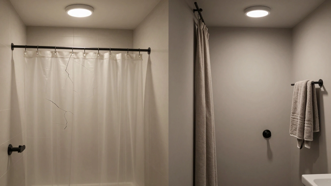 Before-and-after view of a bathroom renovation showing outdated elements transforming into a sleek, spa-like space with improved lighting and finishes.