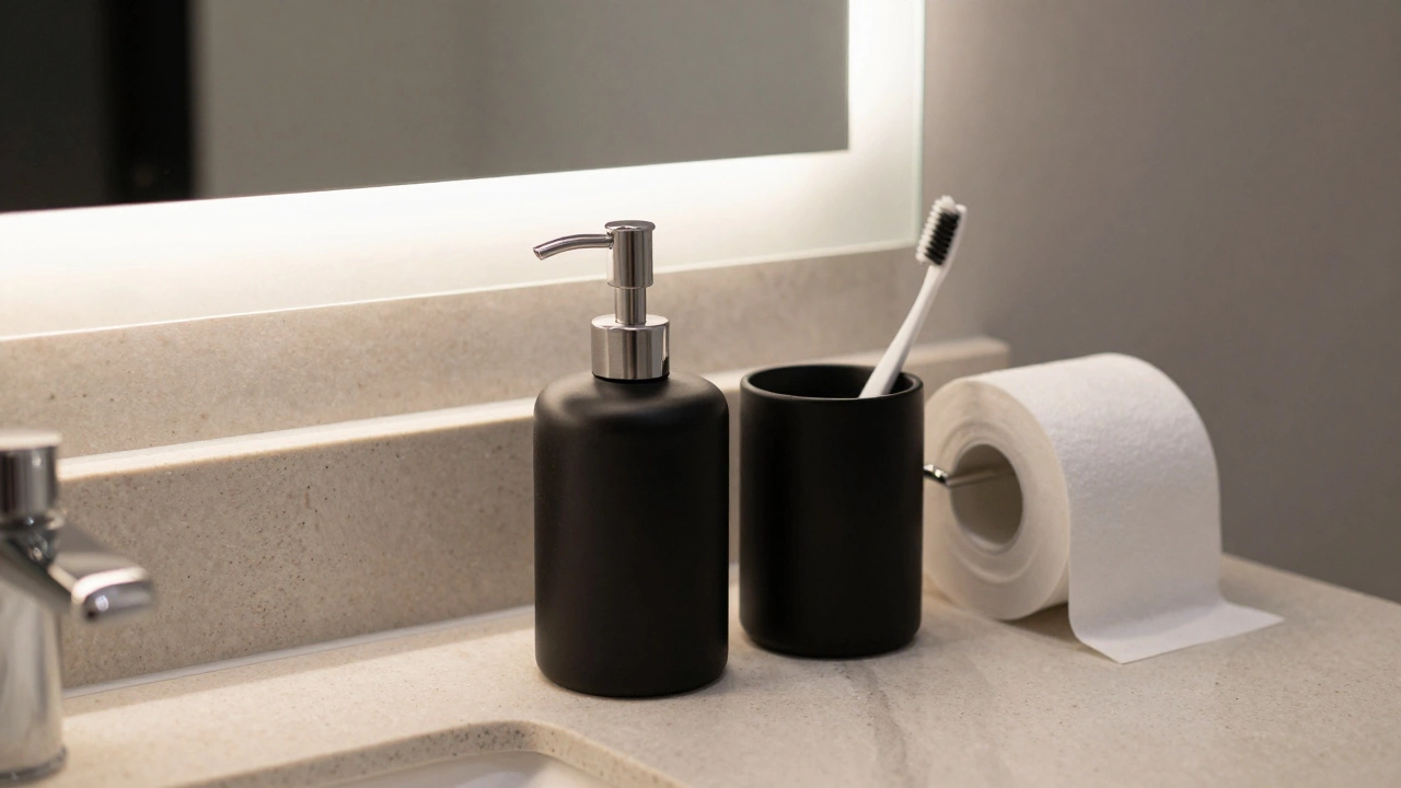 Close-up of a cohesive matte black bathroom accessory set on a stone countertop beside a frameless mirror, minimalist and luxurious.