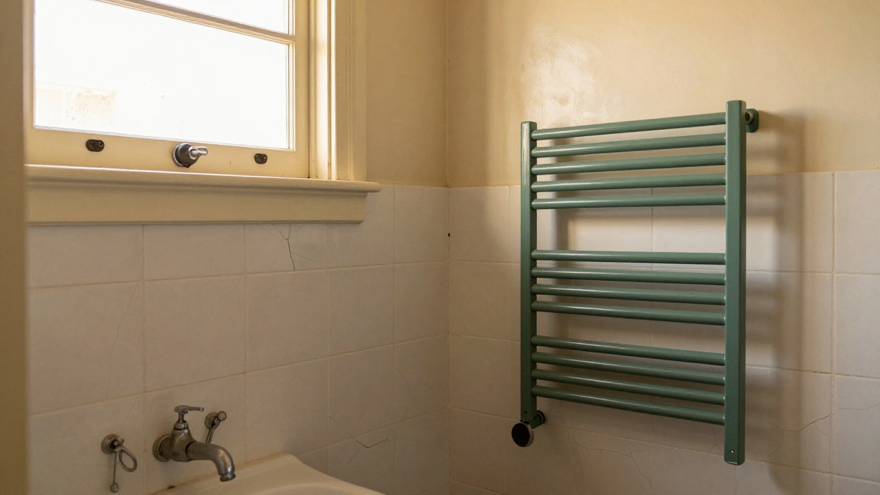 Cream-painted vintage bathroom with sage green towel rack and natural light streaming through a window.