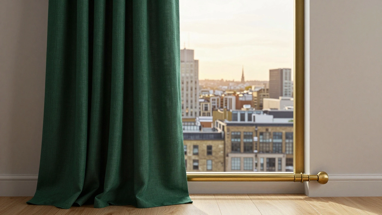 Deep emerald linen curtain pulled to one side, revealing a city skyline at golden hour.