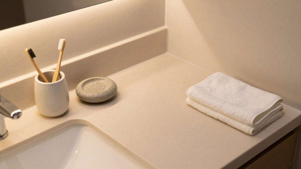 Empty bathroom counter with only a toothbrush, stone soap holder, and folded towel — serene and clutter-free.