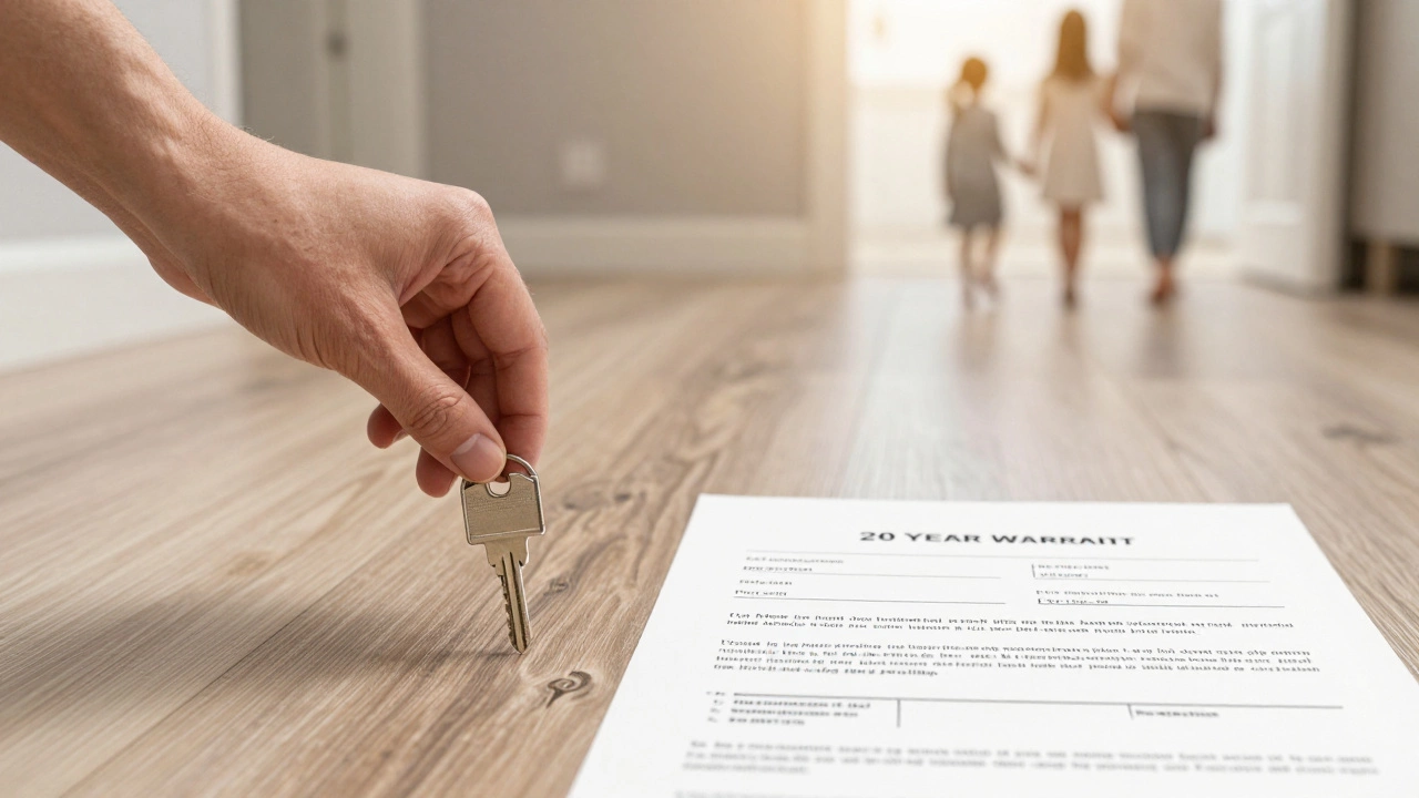 Hand placing house key on vinyl floor beside 20-year warranty, family silhouette in background, symbolizing long-term reliability.