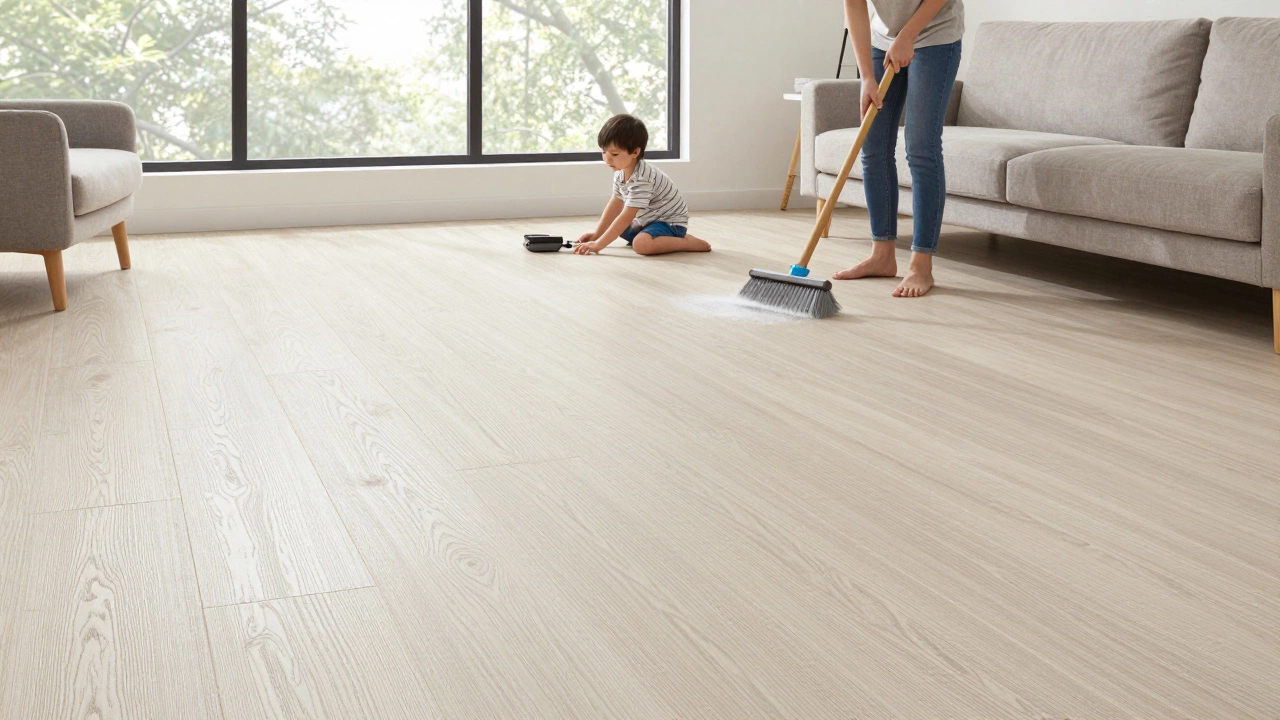 Living room with light oak engineered hardwood floor and child playing, highlighting warmth and stability.