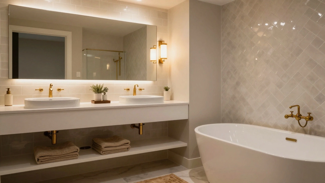 Modern white vanity and tub with bronze hardware and textured tiles under soft ambient light.