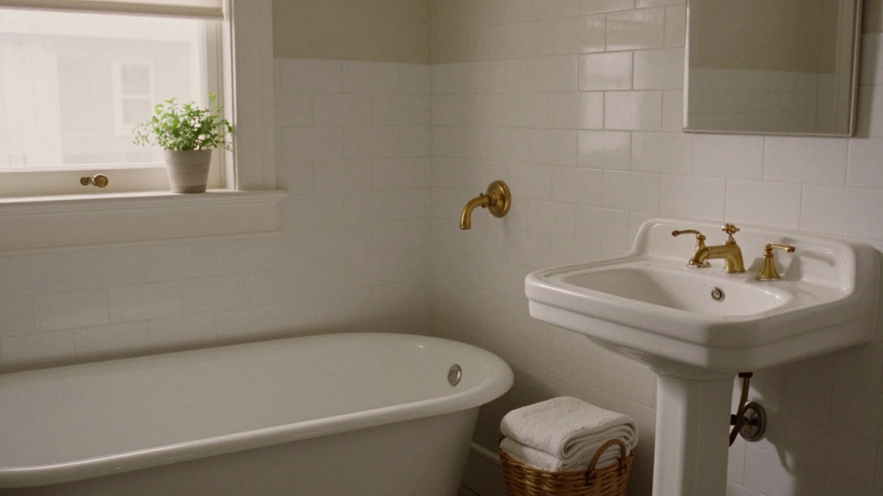 Restored 1920s bathroom with white enamel fixtures and brass faucet in vintage style.