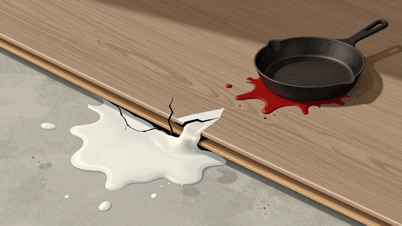 Side-by-side comparison: laminate swelling from spill versus vinyl withstanding a dropped pan, highlighting durability difference.