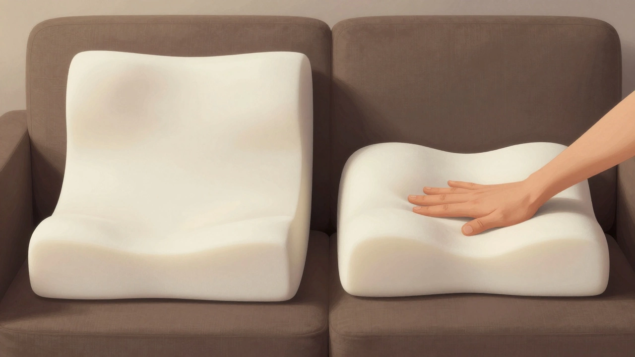 Side-by-side comparison of a resilient upholstery foam cushion and a sagging memory foam cushion with body impressions.