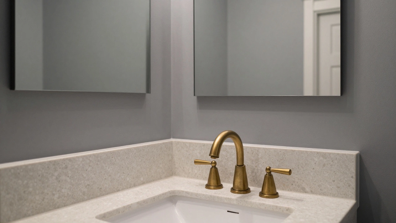 Soft gray bathroom with travertine floor and patinated brass faucet, glowing in evening light.