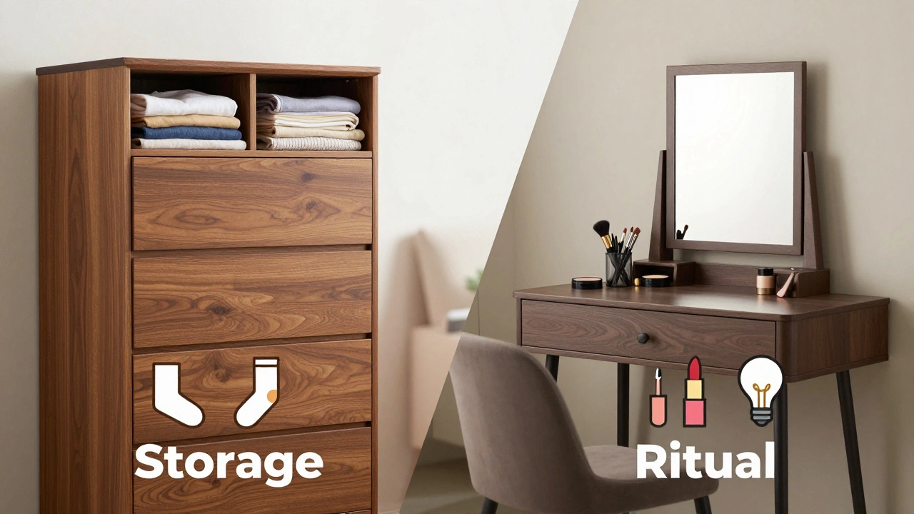 Split image comparing a storage-focused dresser and a grooming-focused dressing table.