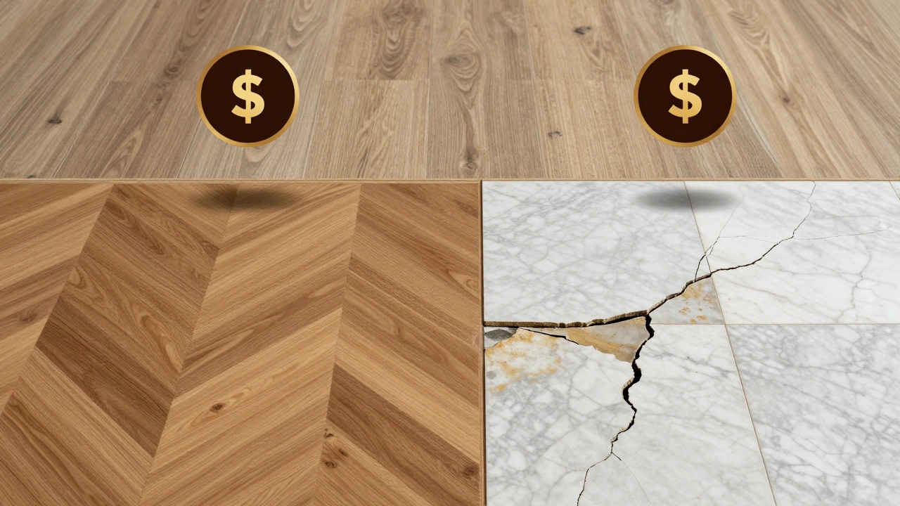 Split image comparing intricate inlaid wood, damaged stone, and affordable vinyl flooring.