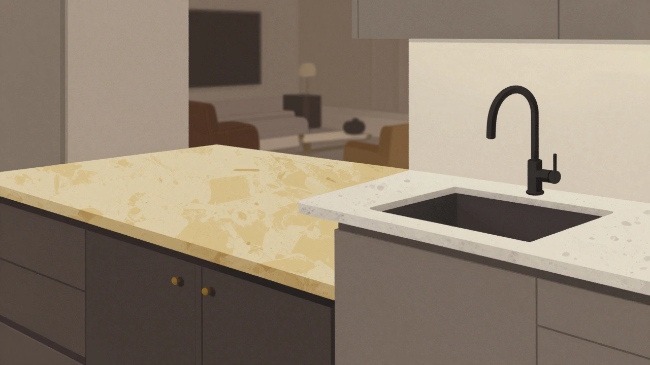 Split kitchen scene showing old laminate countertop transforming into sleek quartz with matte black faucet and modern cabinets.