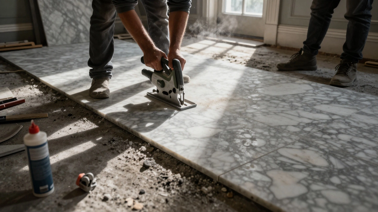 Workers cutting heavy marble tiles with wet saws on a reinforced concrete slab.