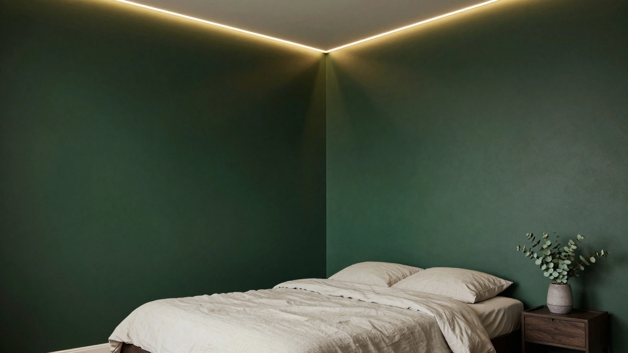 A bedroom with deep forest green matte wallpaper and warm ambient lighting creating a serene atmosphere.