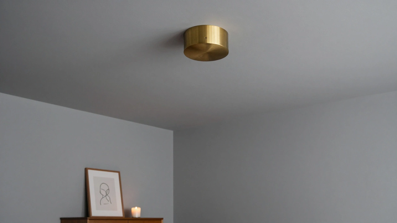 A ceiling painted in soft gray blending with walls, lit by a brass fixture and a single candle on a dresser.