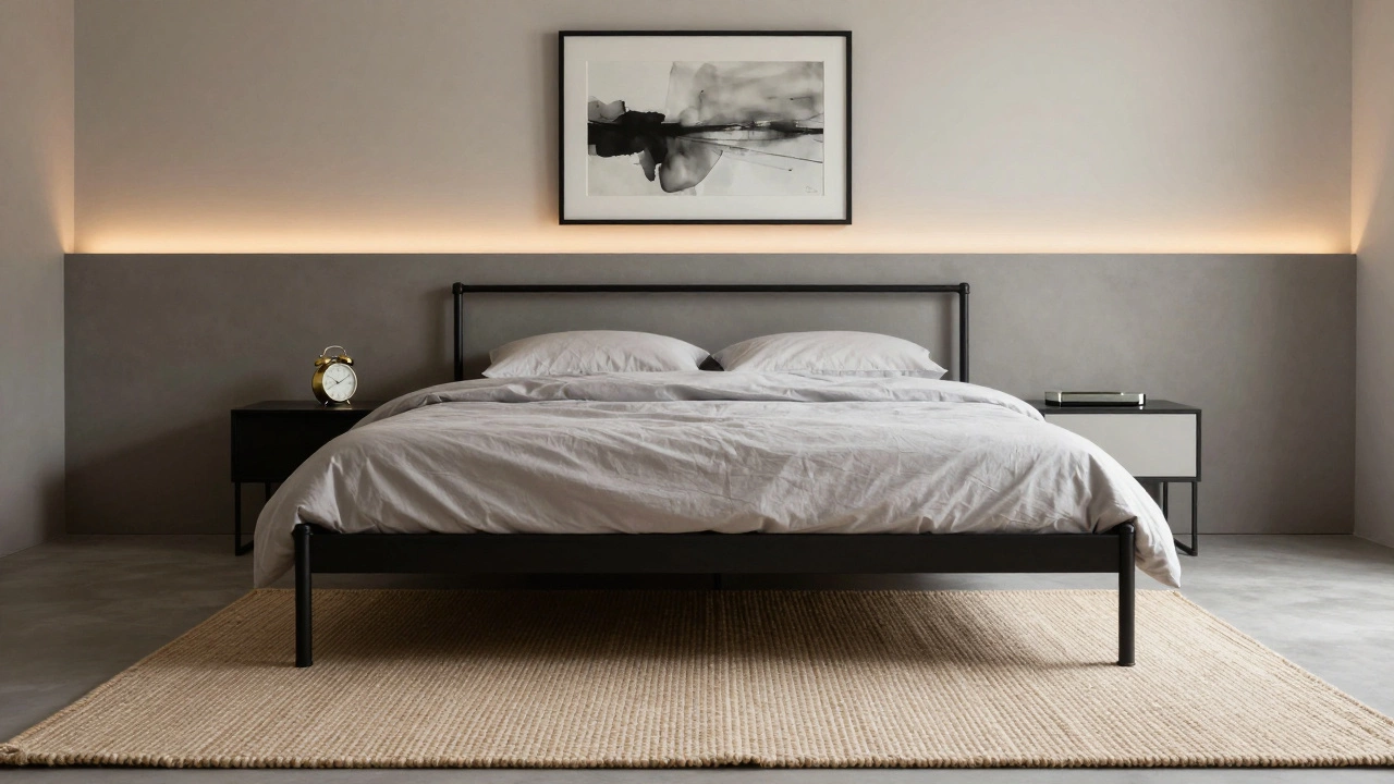 A large neutral rug under a bed with a framed abstract painting and brass accents on a clean nightstand.