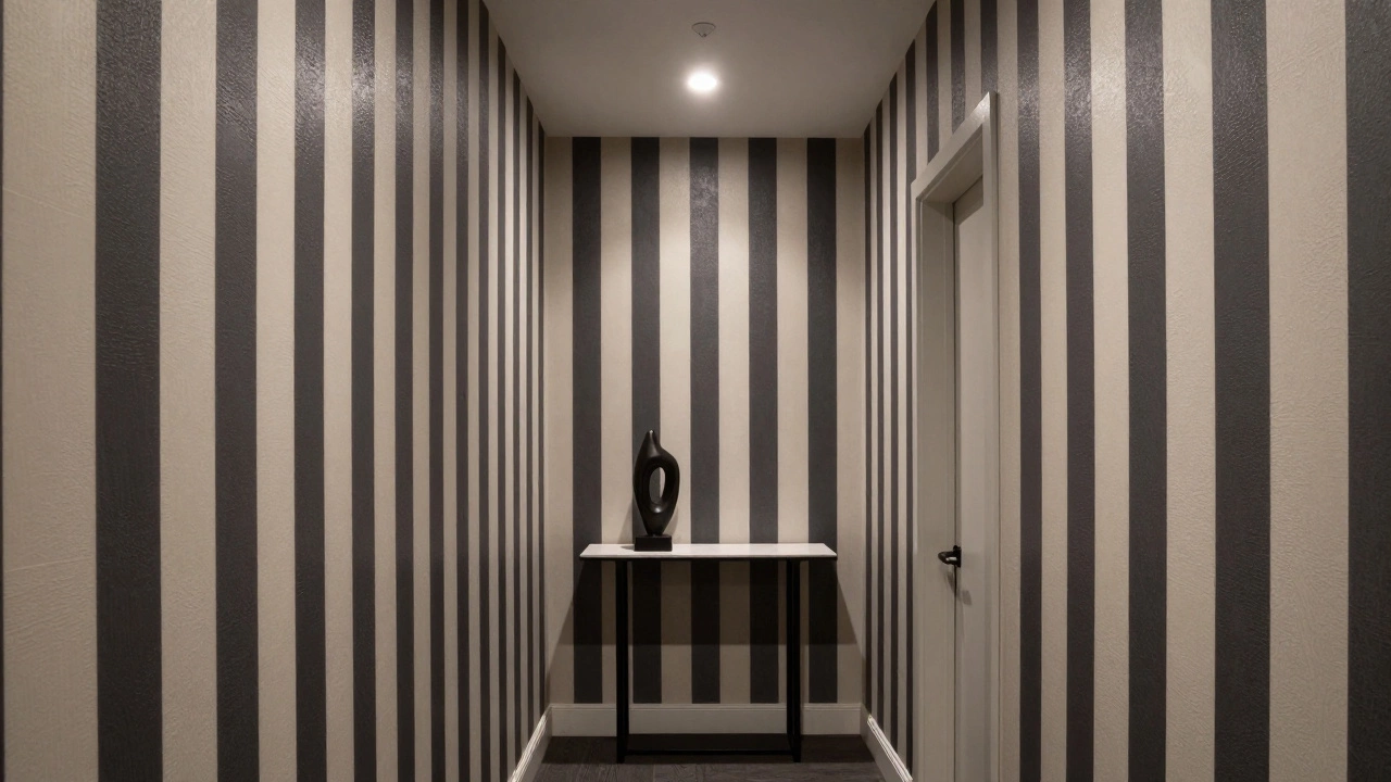 A narrow hallway with vertical stripe wallpaper in charcoal and cream, creating an illusion of height and elegance.