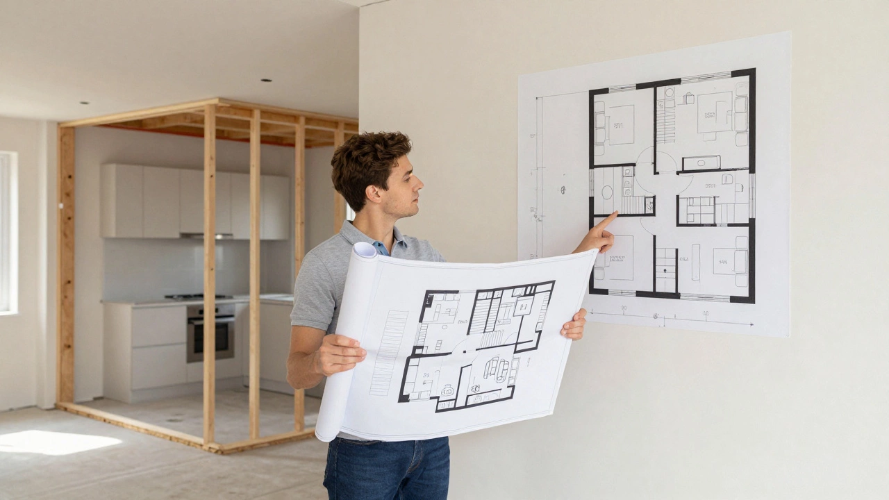 A residential designer reviewing floor plans in a partially renovated home.