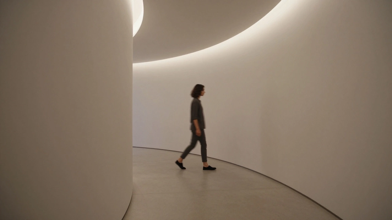 A spatial designer observing a serene, flowing hallway with integrated lighting.