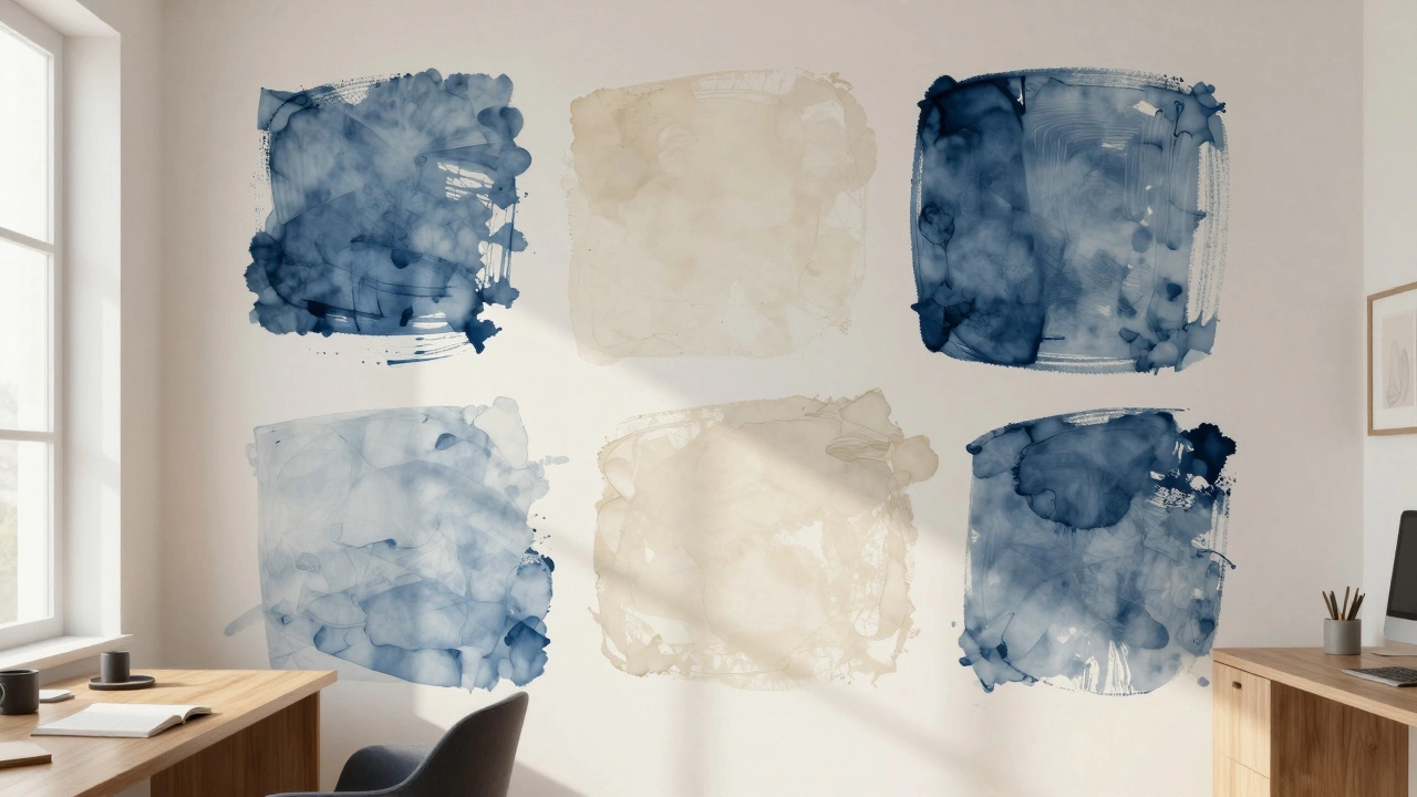 An abstract accent wall with hand-drawn indigo and cream brushstroke patterns in a quiet home office.