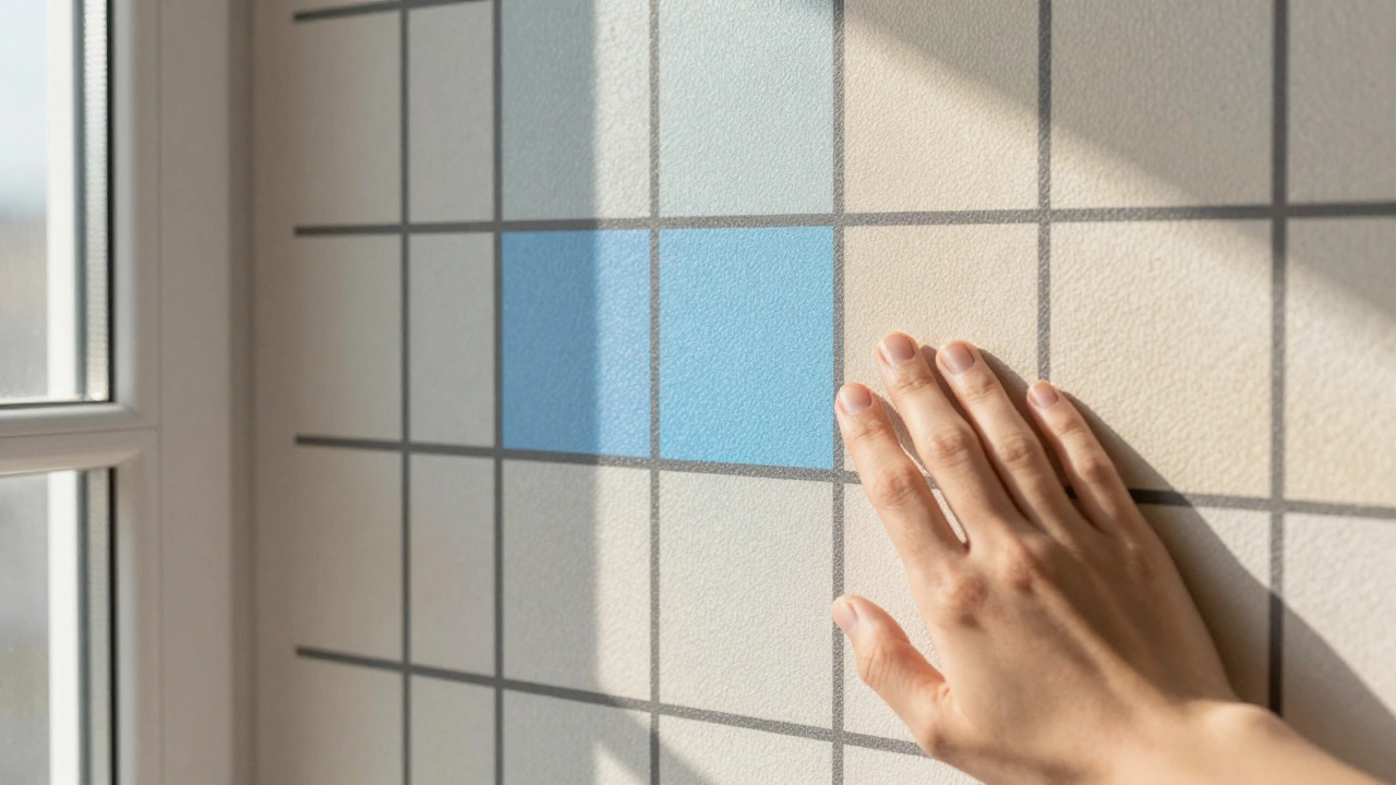 Close-up of smart wallpaper changing color from blue to beige under sunlight, showing a subtle geometric pattern.