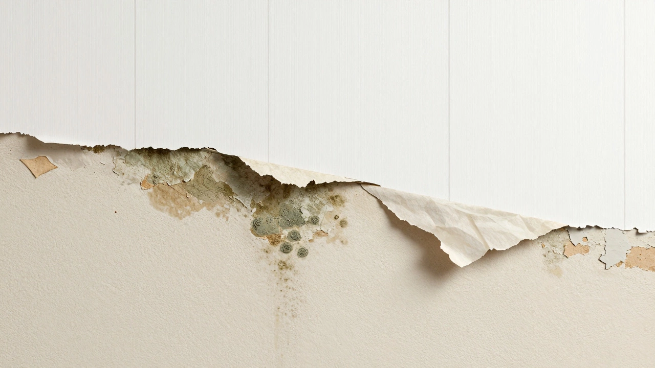 Cross-section of mold growing behind old wallpaper on damp wall versus healthy modern wallpaper.